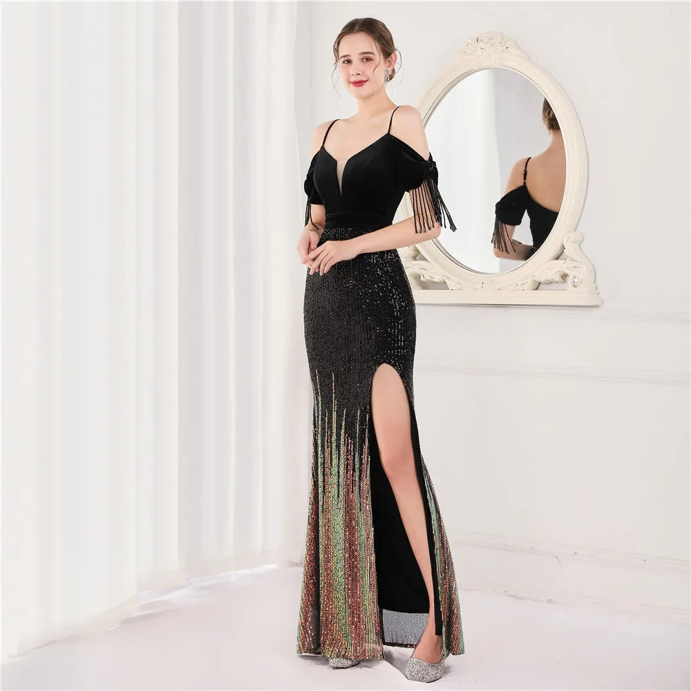 Maxy Women Elegant Formal Sequin Glitter Beaded Long Dress Party Prom Evening Wedding Straps Mermaid Dress