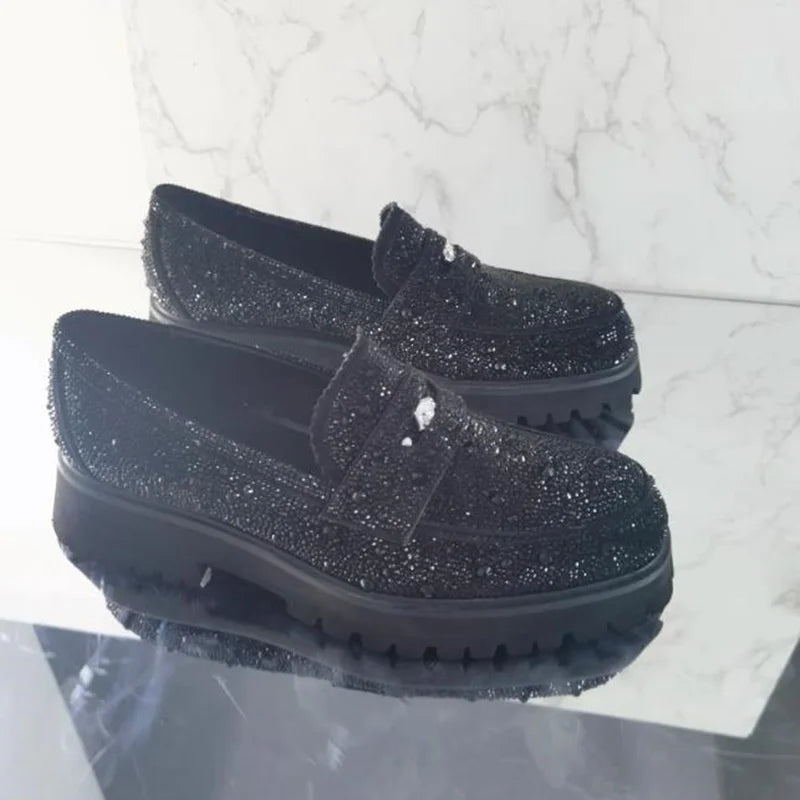 Visco Black Rhinestone Loafers Men Suede Shoes Thick Soles Platform Shoes Leather Dress Shoes Handmade Men's Party And Wedding Shoes