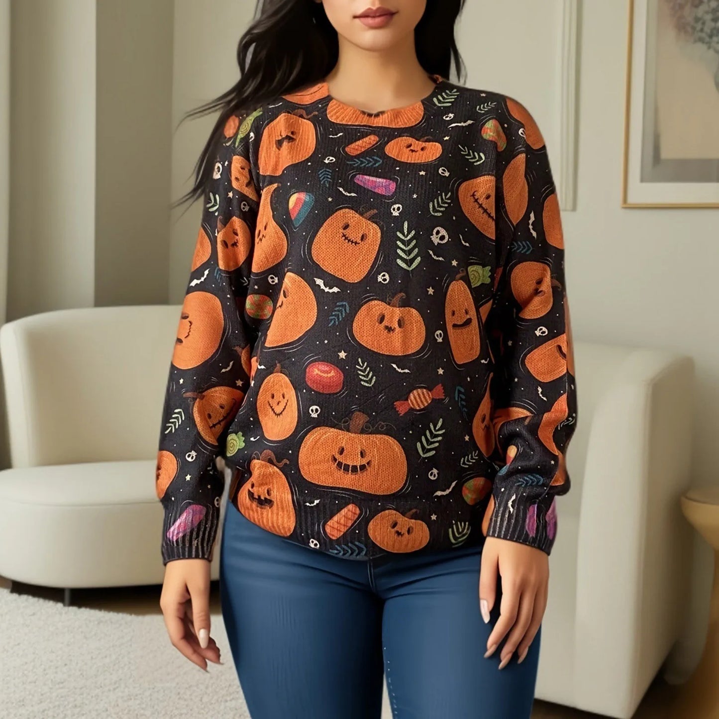 Women's Halloween Pumpkin Print Playful Long Sleeve Pullover Sweater New Season Casual Loose Fit Boys Dressy Sweater Year