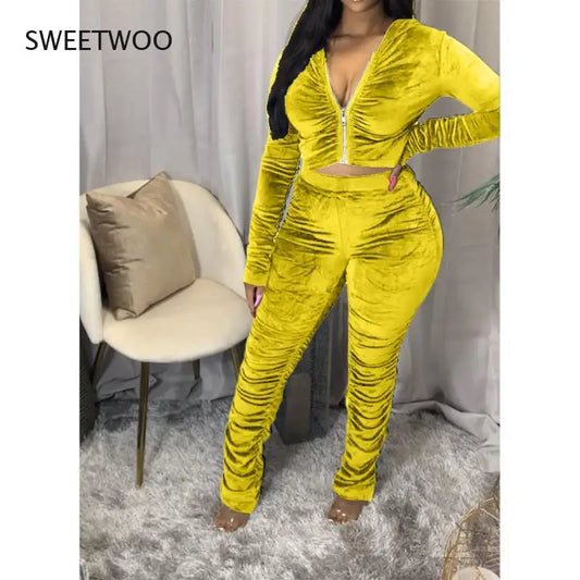Maxy Autumn Winter Velvet Tracksuit Two Piece Set for Women Matching Sets Ruched Hoodies Jacket Stacked Pants Joggers Sweat Suits