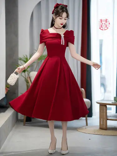 Maxy Temperament Robe Women's Solid Color Spring Summer New Square Collar Long Sleeve  A-line Long Dresses Fashion Female Vestidos