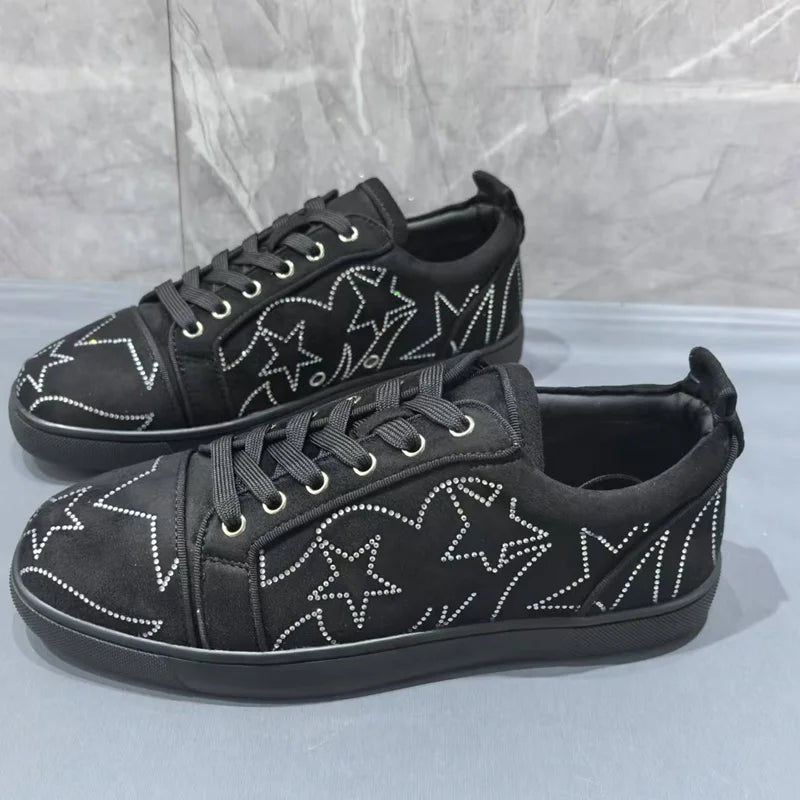 Visco Luxury Man Black Shoes Fashion White Rhinestones Sneakers Men Casual Shoes Low-top Leisure Sneaker Shoes