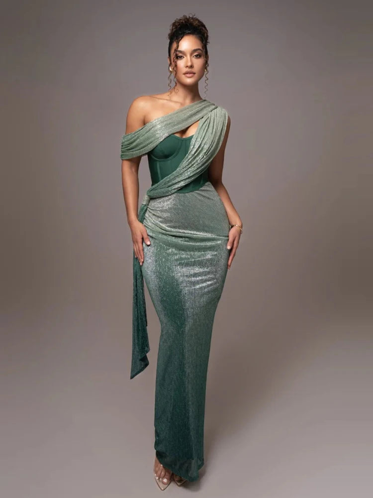 Maxy Sexy One Shoulder Draped Glitter Long Dress Women Brown Corset Sparkly Backless Bodycon Maxy Dresses Evening Party Gowns