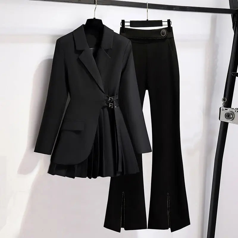 Two Piece Sets Womens Outfits Roupas Femme Temperament Pleated Tailored Coat Tunic Aplit Flare Pants Suit Fashion Korean Set