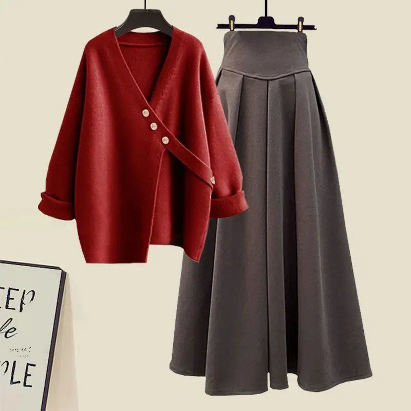 Amay Autumn and Winter Fashion Women's Set New Korean Knitted Sweater Sweater Age Reducing Slim Half Skirt Two Piece Set