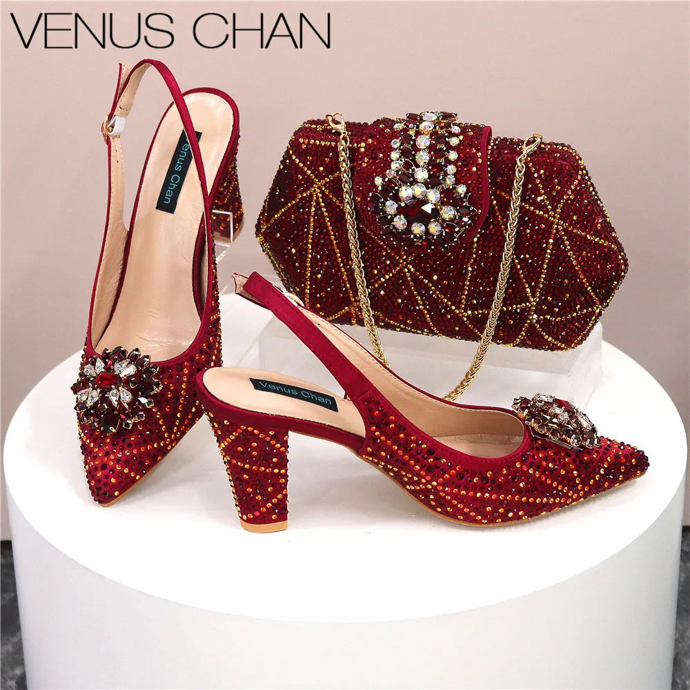 Maxy Shoes and Bags Matching Set Decorated with Rhinestone Full Diamonds Wedding Shoes Bride Designer Shoes Women Luxury