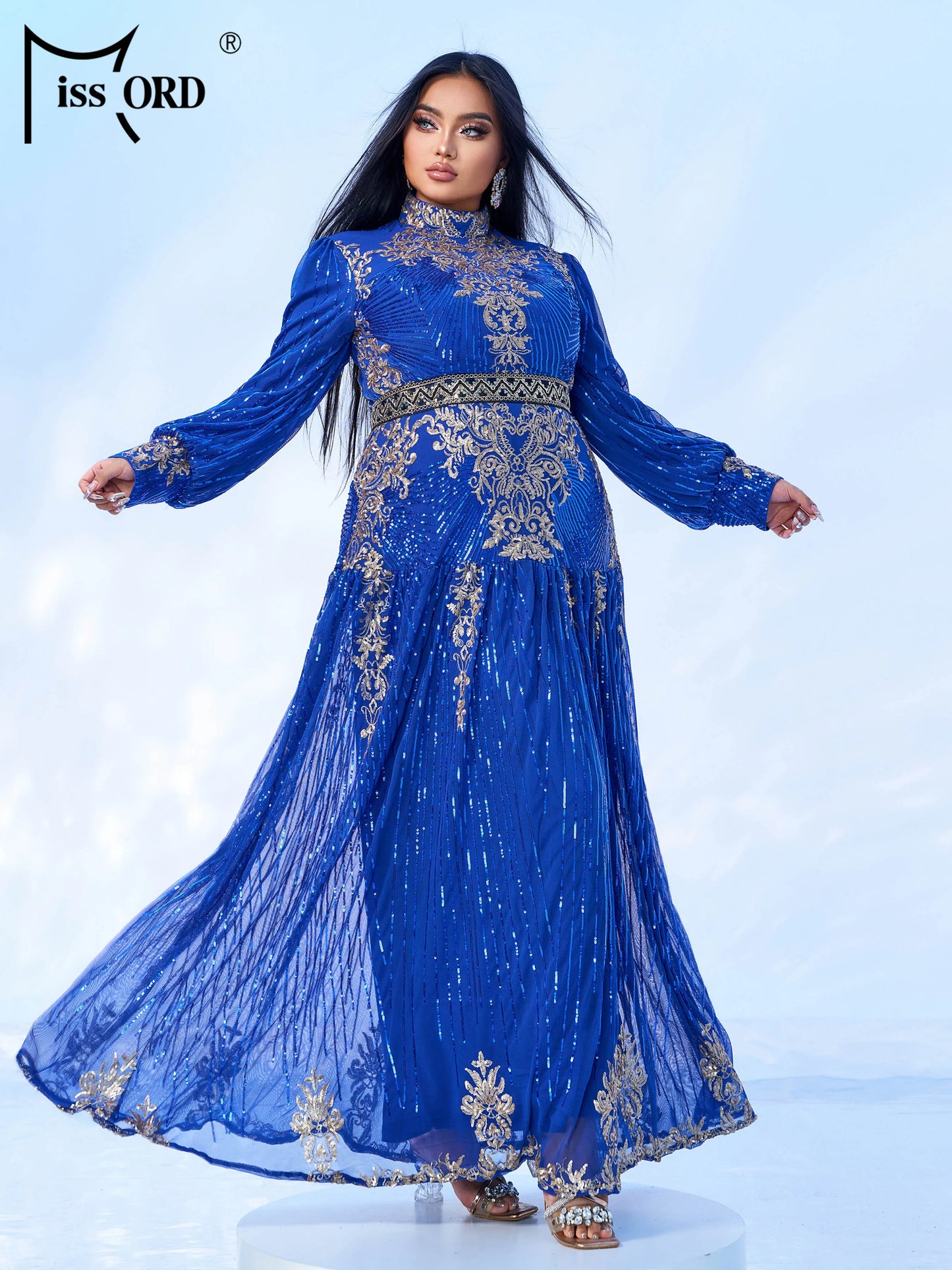 Momsey New Blue Plus Size Muslim Round Neck Long Sleeved A Line Gown Evening Women Wedding Birthday Party Large Maxy Dress