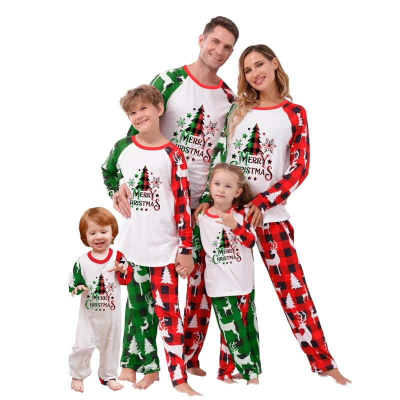 Maxy Family Loungewear Pjs Matching Set Christmas Tree Letter Print Long Sleeve Tops Elastic Waist Plaid Pants Sleepwear