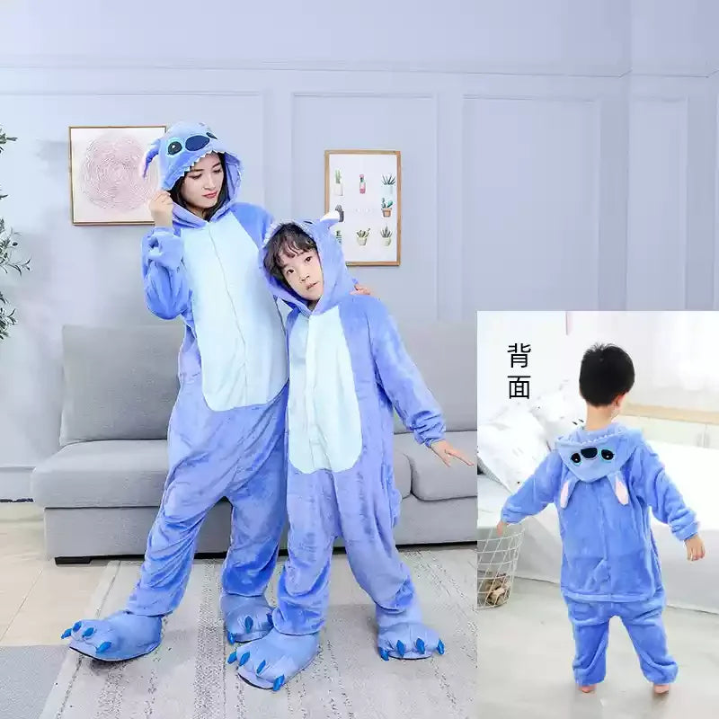 Maxy Stitch Cosplay Costumes Women Men Cartoon Jumpsuit Adults Cute Flannel Hooded Pajamas Onesie For Halloween Christmas Party