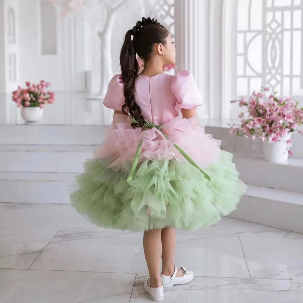 Maxy Princess Elegant Bubble Sleeve Flower Girl Dress For Wedding With Bows Layred Puffy Child First Eucharistic Birthday Party Dresses