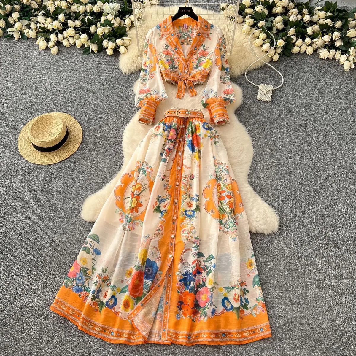 Maxy Elegant Floral Dress 2 Piece Skirt Sets Women Summer Autumn Palace Crop Top Print Shirt A Line Long Skirts Beach Outfit