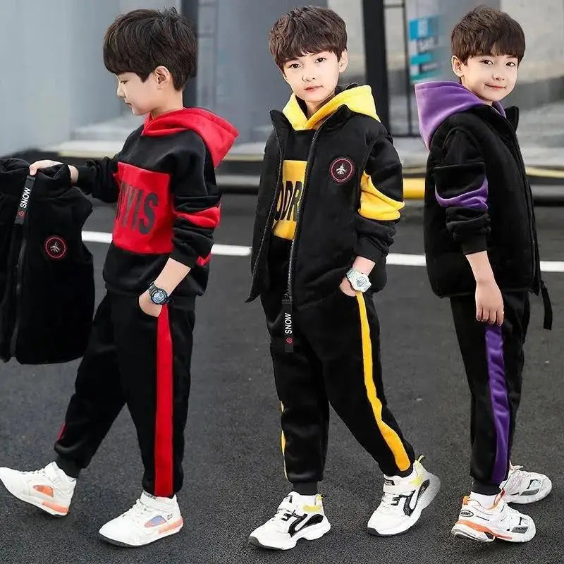 Maxy 2024 winter Boys tracksuit Autumn Toddler Teenager Clothes vest velvet jacket + Sweatishrt hooded + Pant Children Kids 4 12 year