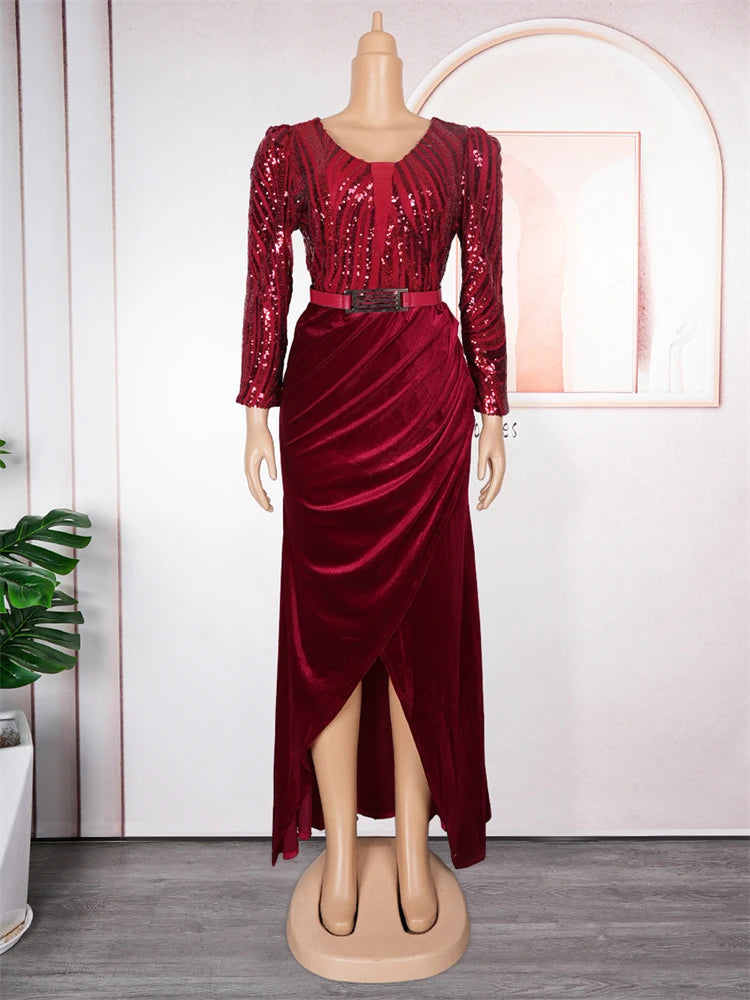 Maxy Prom Party Evening Dresses for Women Dubai Luxury Sequin Velvet Gown Turkey African Long Sleeve Robe Wedding Clothing