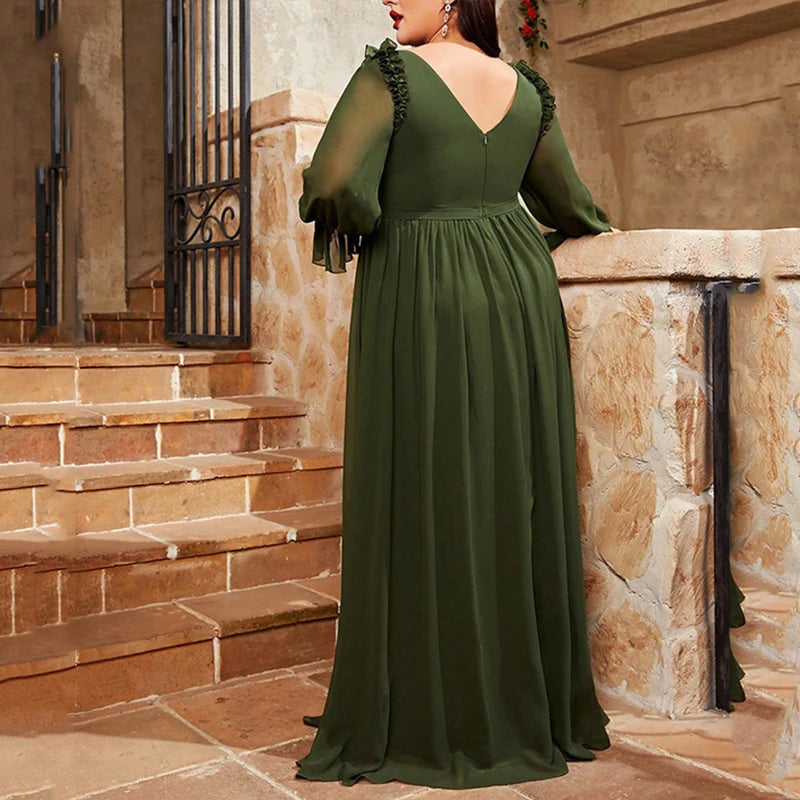 Maxy Plus Size Elegant Green Women's V-Neck Dress Large Size Lantern Long Sleeve Skirt Evening Gown Ball Party Maxy Dresses