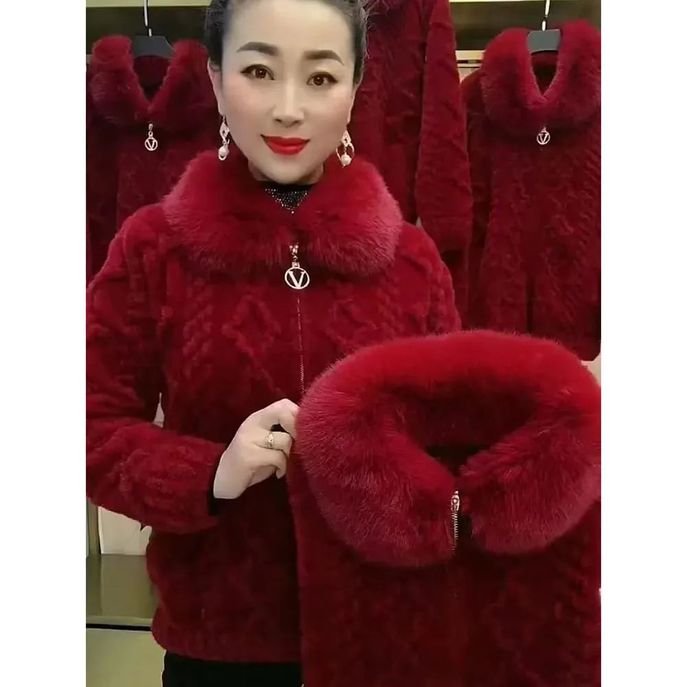 Maxy Mother Winter Jacket Thicken Imitation Mink Velvet Woolen Coat Fashion Fur Collar Large Size Zipper Knitted Cardigan Sweater 5XL