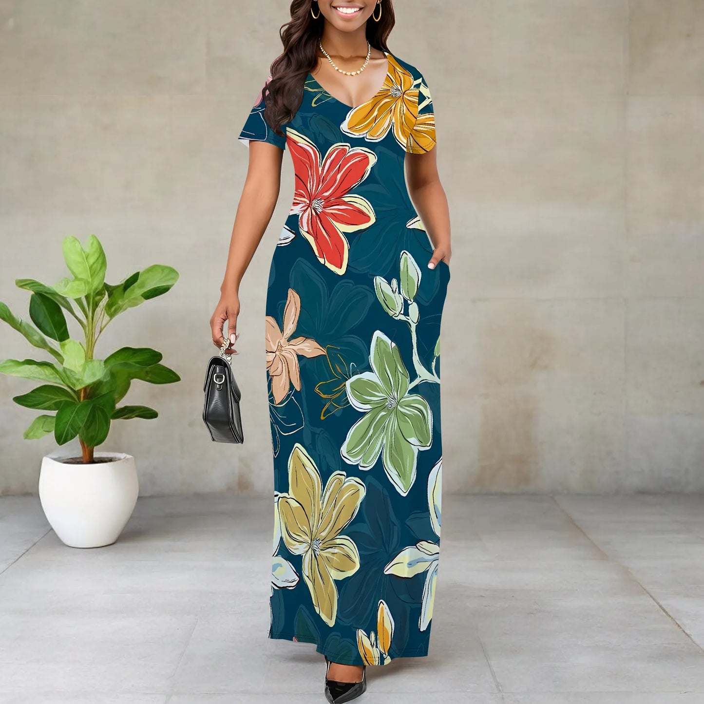 Maxy Women's Multicolor Floral Print Maxy Short Sleeve V Neck Long Dress Casual Summer Beach Holiday Wear
