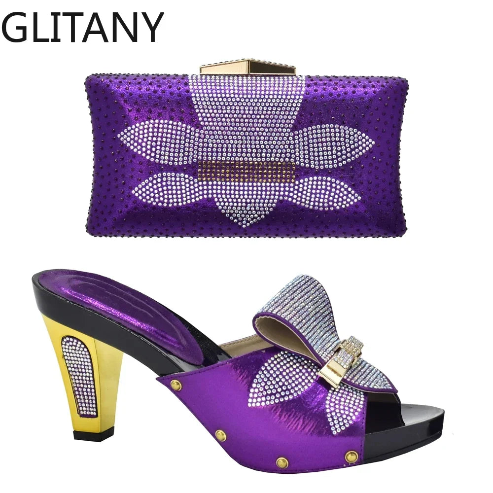 Maxy Leather Shoes and Bag Set Purple Women Shoes and Bag Set in Ladies Shoe and Bag Set with Rhinestone