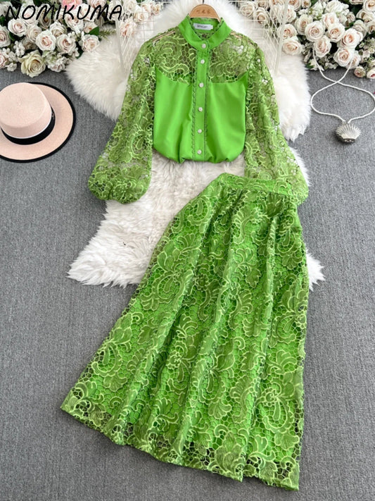Maxy French Style Suit for Women's Fashion with Hollowed Out Hook Flower Lace Lng Sleeves Shirt+high Waisted A-line Skirt