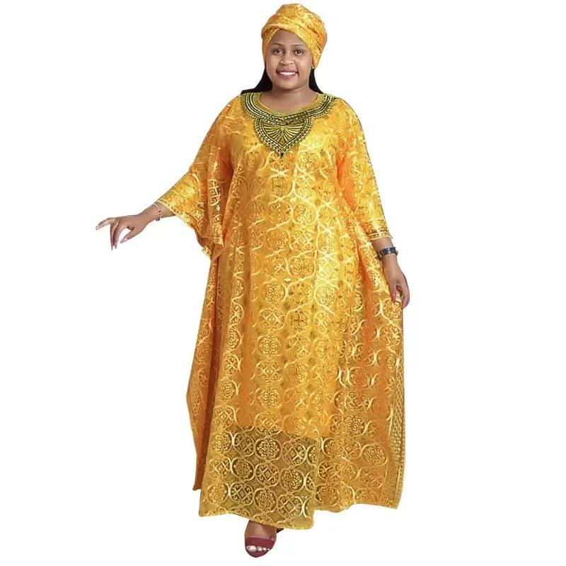 Dashiki Maxy Dresses for Women Spring Summer African Women Blue Yellow O-neck Long Dress Inner and Headtie African Clothes