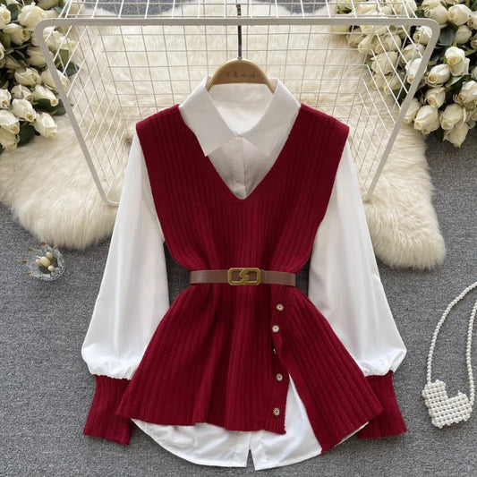 Maxy Knitted Vest Women's Two-piece Autumn Outfit New Solid All-match Youth Elegant Vest Two-piece Set Temperament Elegant Clothing