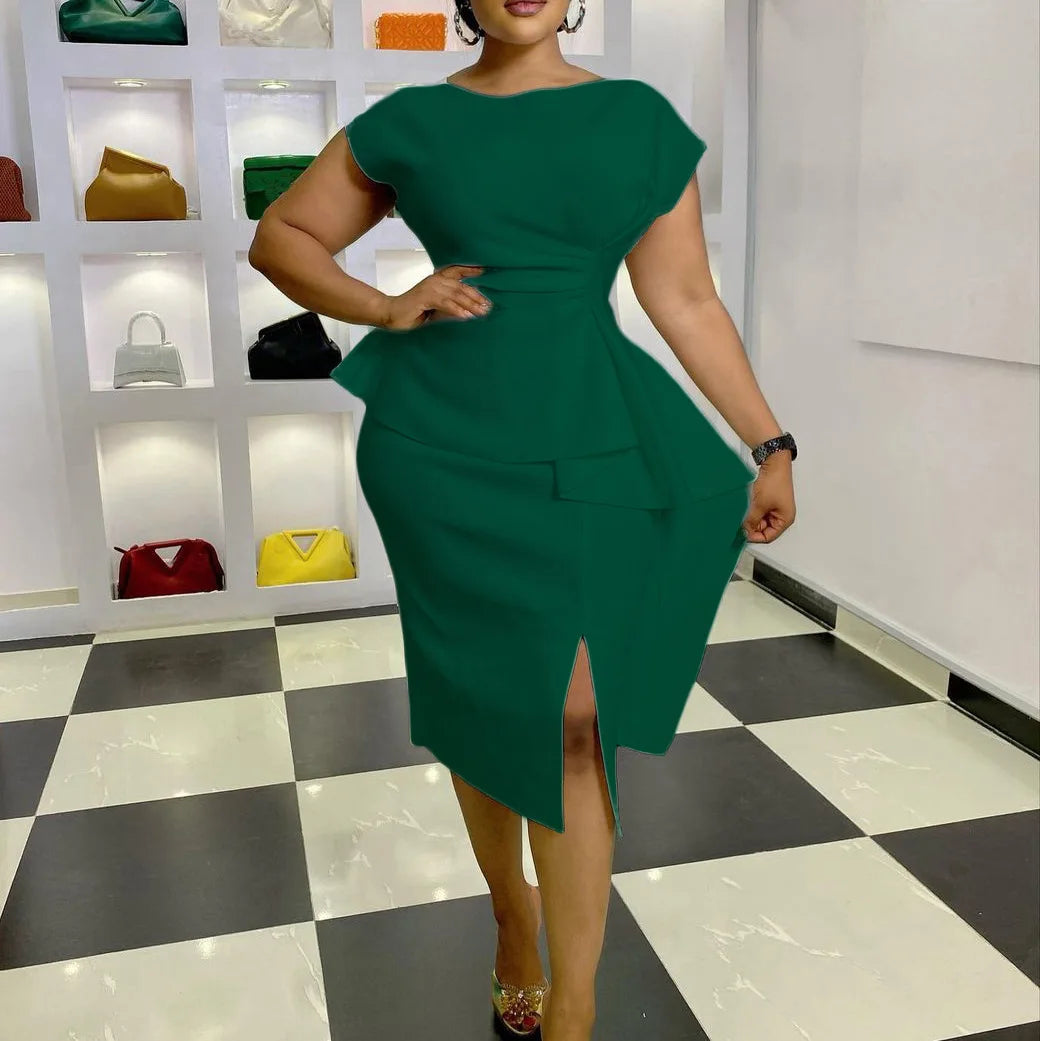 Ruffles Bodycon Dresses for Women Sleeveless Peplum Slit O Neck Spring Summer Office Ladies Elegant Fashion Date Daily Dress New