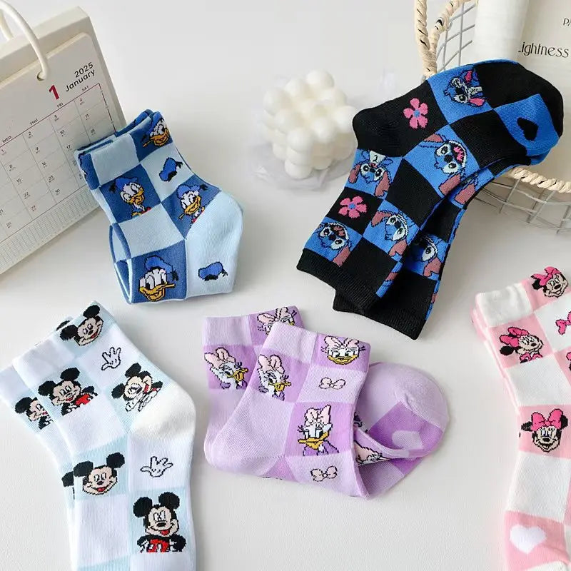 Maxy 5 pairs Kawaii Disney Mickey Mouse socks Cotton Mid-calf Socks Donald Duck stitch Stockings for Men and Women Warm Socks Gift