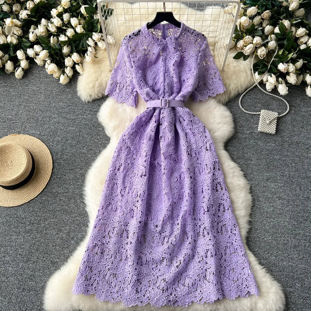 Maxy Temperament Stand Collar Half Sleeve Lace Robe French Style Belt Slim Waist Hollow Out Vestidos Elegant Crochet Mujer