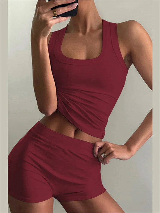 Maxy Nibbler Ribbed Casual 2 Piece Set Women Tracksuit Sporty Square Collar Tank Tops+Shorts Suit Streetwear Simple Matching Outfits
