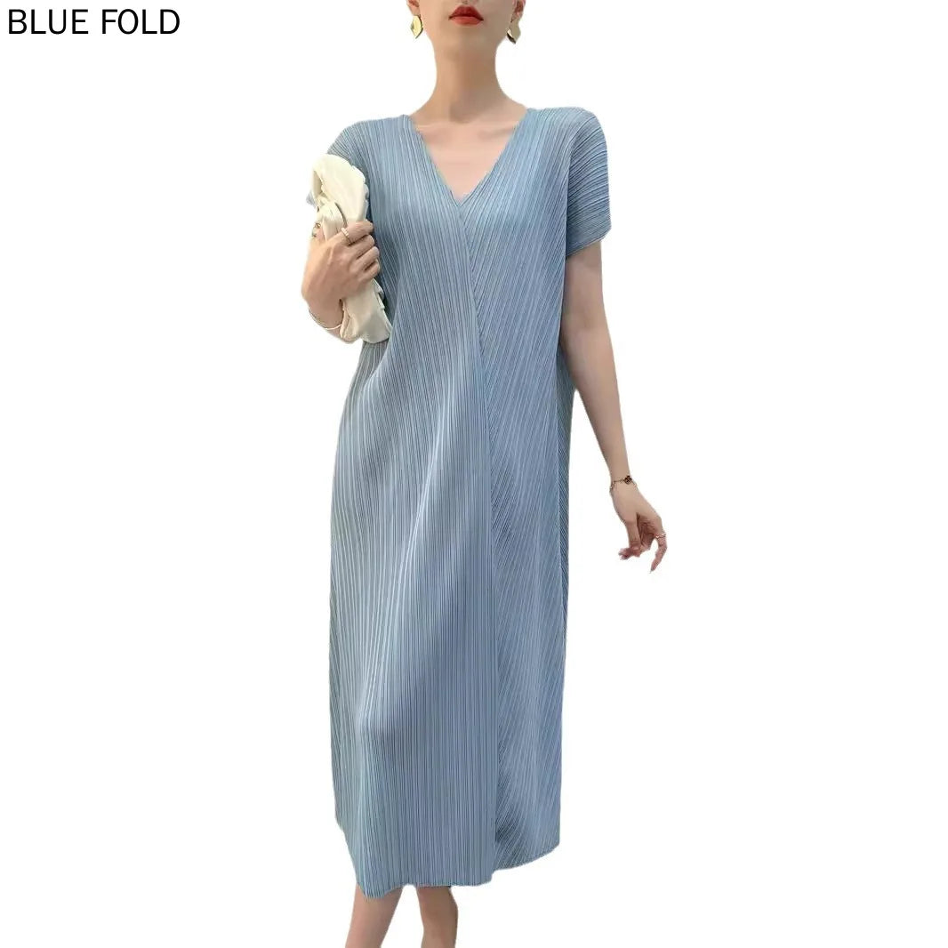 Maxy High-end Summer New V-neck Slit Pleats Dress Medium-length Comfortable Casual Pleated Dresshigh Quality Office Dress Robe