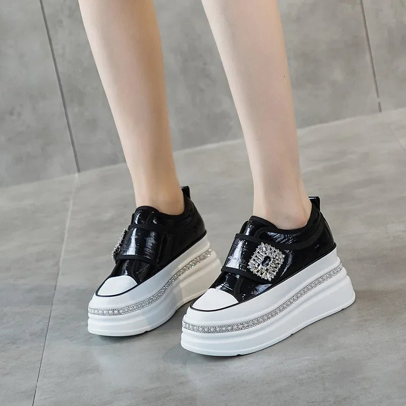 Amay 8cm Crystal High Top Women Genuine Leather Platform Boots Wedge Hidden Heel Hook Spring Autumn Bling Shoes Sneakers Ankle Boots