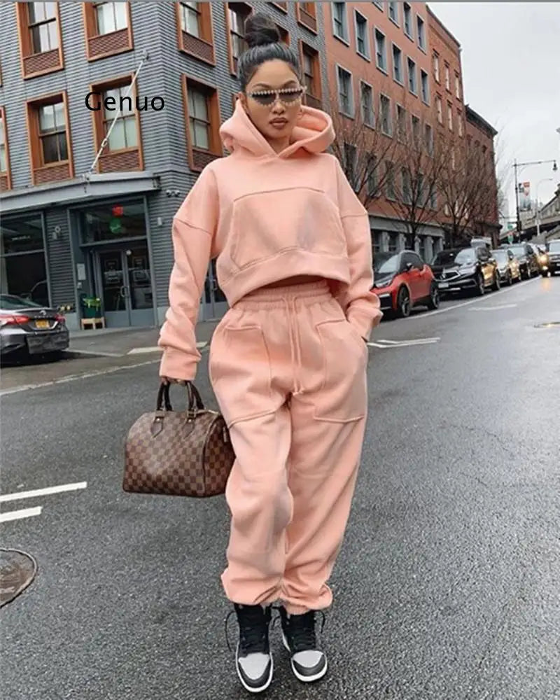 Maxy Hooded Tracksuit Two Piece Set Women Spring Autumn Clothes Long Sleeve Pullover Crop Top And Pants Casual Fashion Female Suits