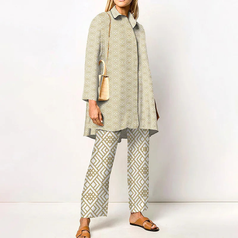 Maxy Autumn New Loose Vintage Printed Pant Sets Women Long Sleeve Shirts And Wide Legs Trousers Two Piece Set Fashion Streetwear