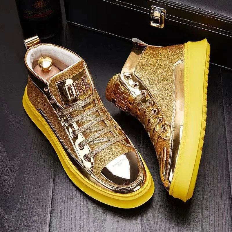 Amay Fashion Y2K boots for men shine leather metal decoration high top boot luxury shoes hairdresser Casual Male sneakers Botines