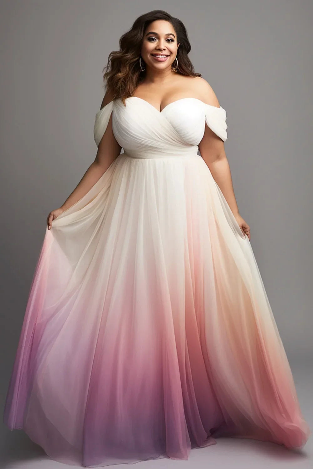 Maxy Plus Size Dress Bridesmaid Elegant Pink Gradient Off The Shoulder Tulle Dresses Wedding Guest Evening Cocktail Dresses
