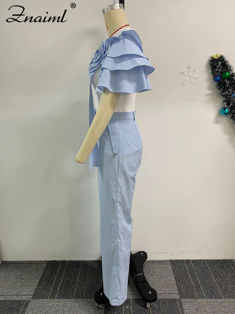 Maxy Zamil Fashion Stripe Print 3D Flower Ruffles Sleeve Shirts Top and Wide Leg Pants Two 2 Piece Women‘s Sets Streetwear Outfits