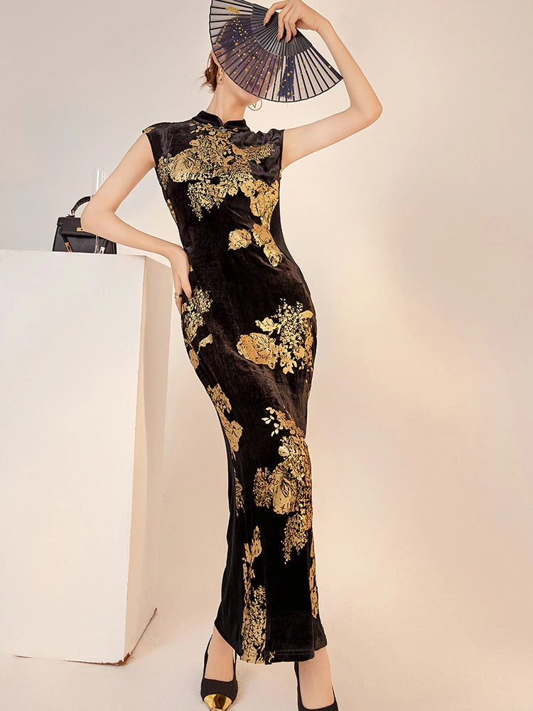 Maxy  Gold Floral Velvet Women Chinese Cheongsam Cap Sleeves Stand Collar Mermaid Long Qipao Dress Luxury Evening Party Gown