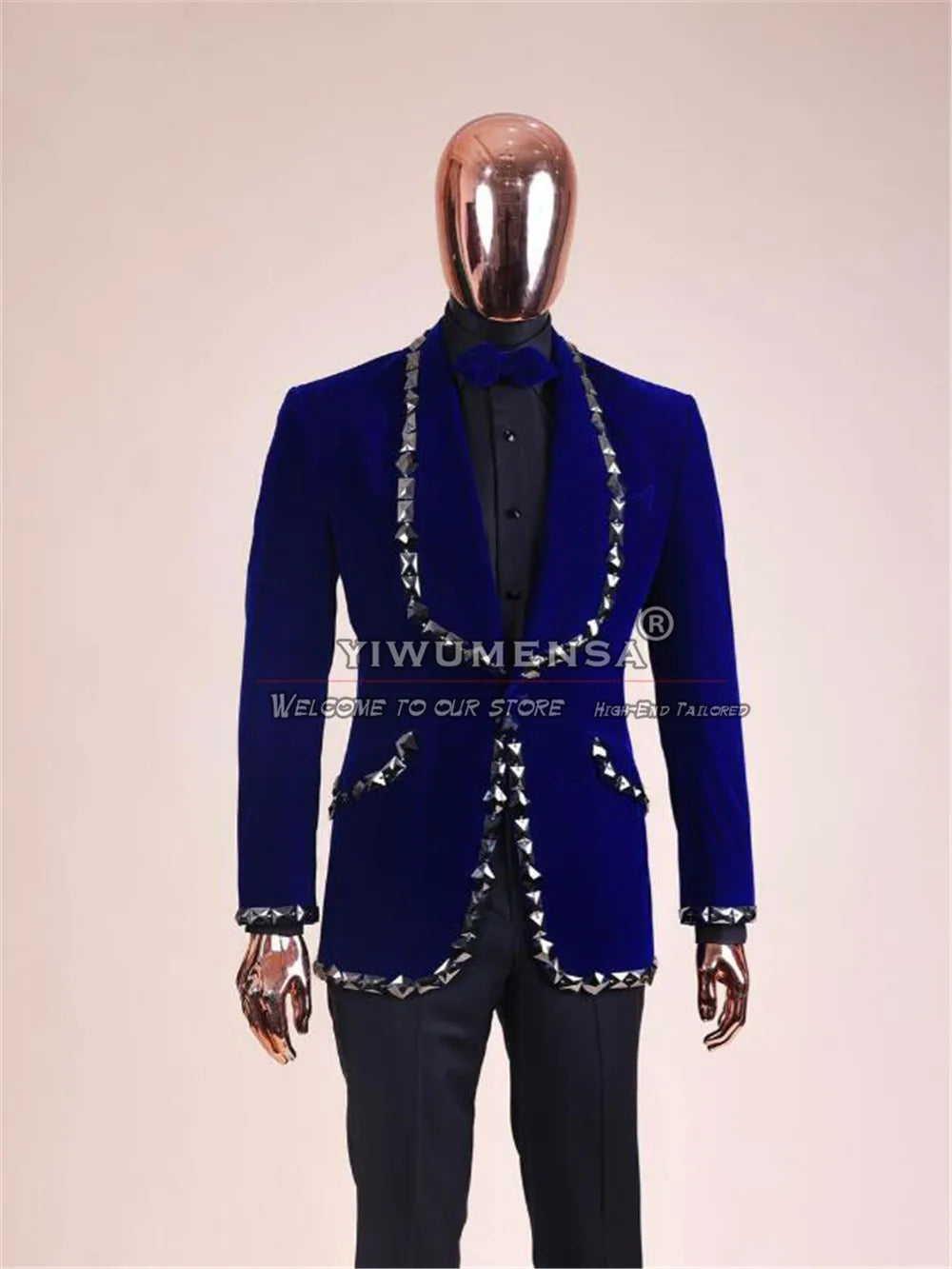 Visco Royal Blue Velvet Wedding Suits for Men Slim Fit Crystals Beaded Jacket with Black Pants 2 Pieces Set Groom Prom