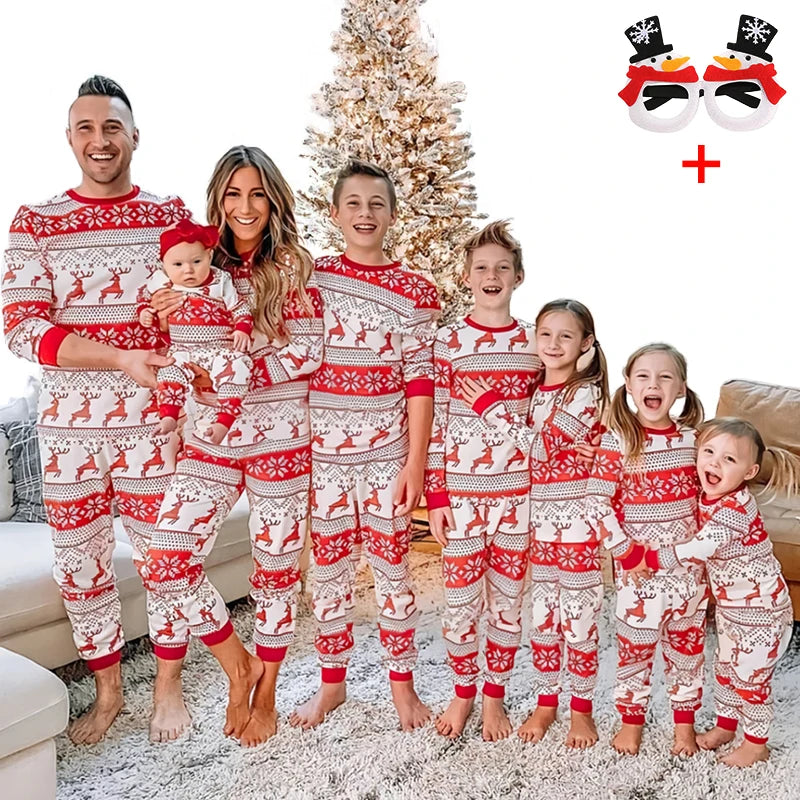 Christmas Pajamas Set Family Matching Outfits Xmas Mom Daughter Look Retro Print T Shirt + Pants Loungewear Pjs Bodysuit Pyjamas