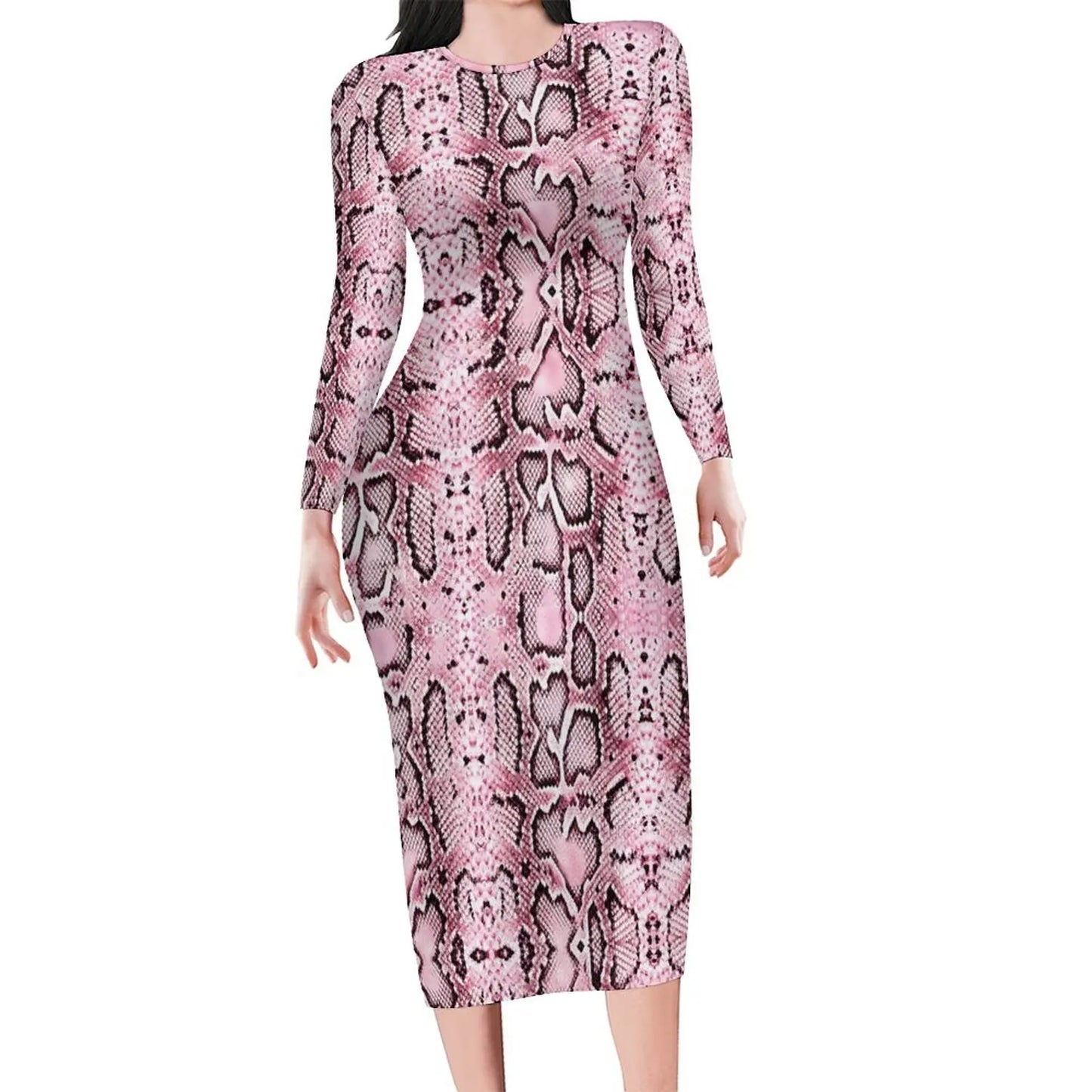 Amay Snakeskin Bodycon Dress Ladies Pink Snake Print Kawaii Dresses Autumn Long Sleeve Street Fashion Custom Dress Big Size 4XL 5XL