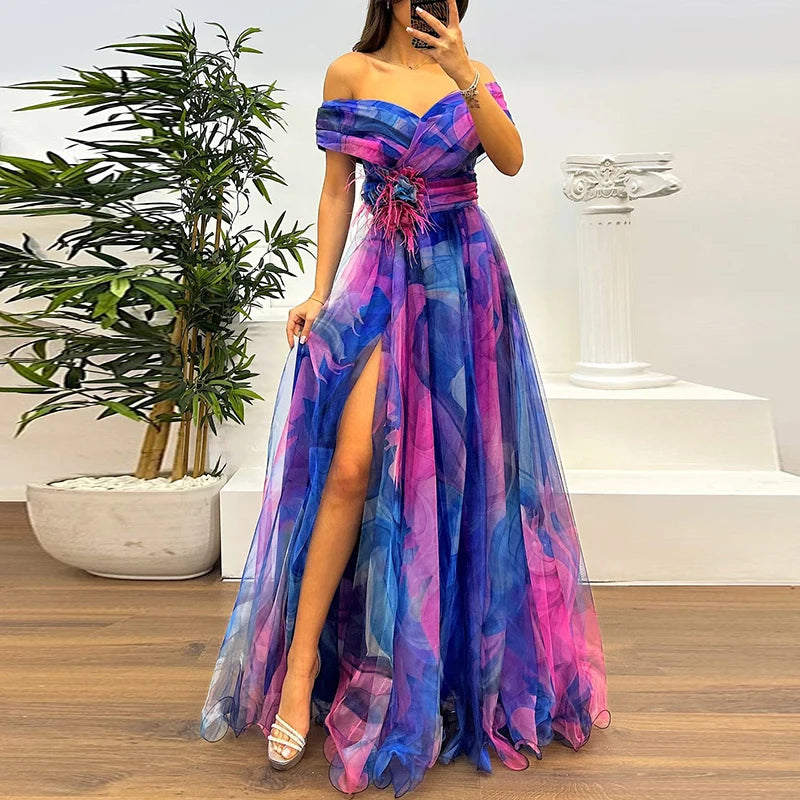 Maxy Spring Summer New Mesh Evening Dress Vintage Pattern Printed High Waisted Long Dress New One Shoulder Pleat Banquet Swing Dress