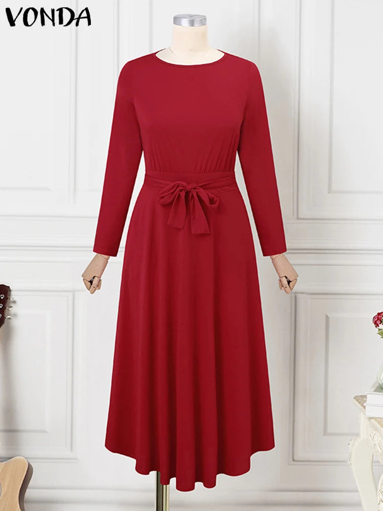 Maxy Plus Size 5XL Women Long Sleeve Elegant Dress Round Neck Solid Color A Line Belt Lace Up Party Evening Robe Femme