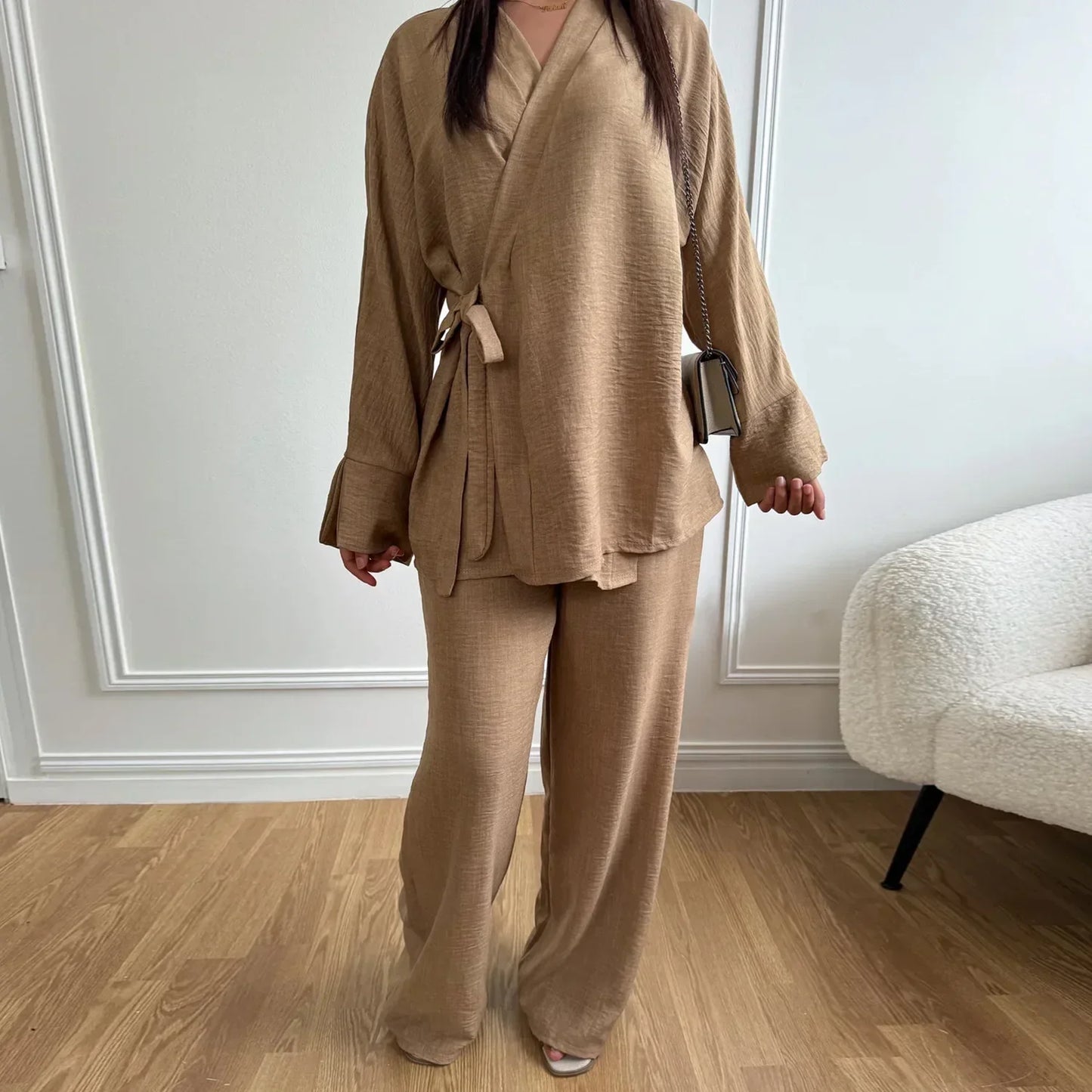 Maxy Plain Abaya Dubai Luxury Muslim Two Piece Set Turkey Top and Pants Suit Sets Ramadan Islamic Modest Outfits Ensembles Musulmans
