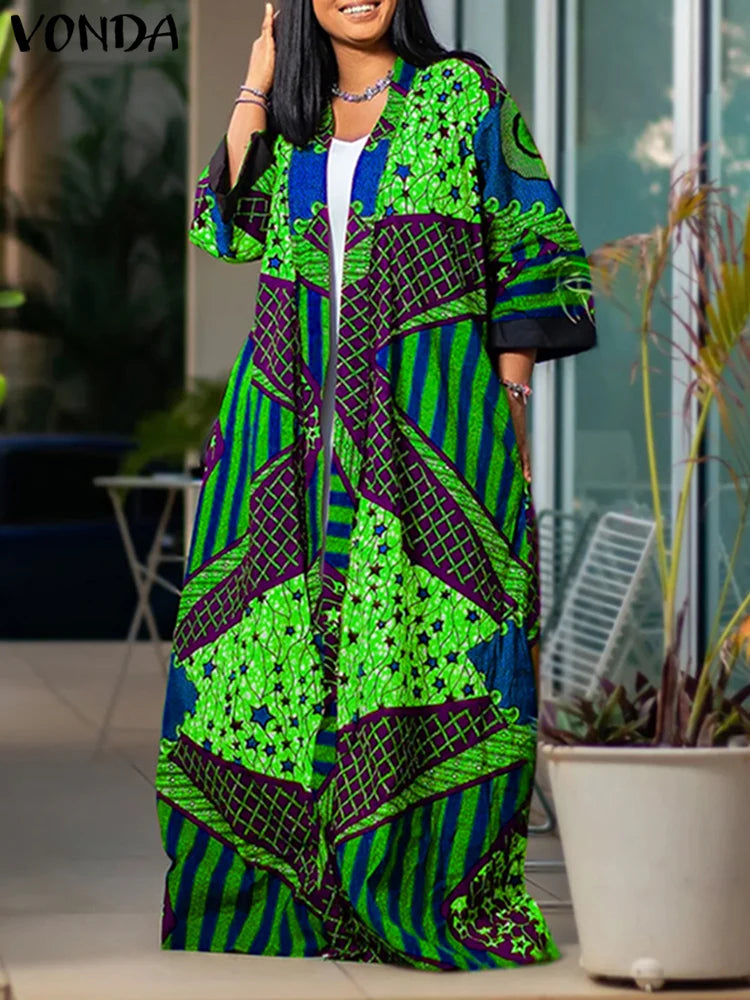 Maxy Plus Size VONDA Women Long Cardigans Bohemian Cover-ups Blouse Printed Long Sleeve Cardigans Casual Loose Elegant Shirts