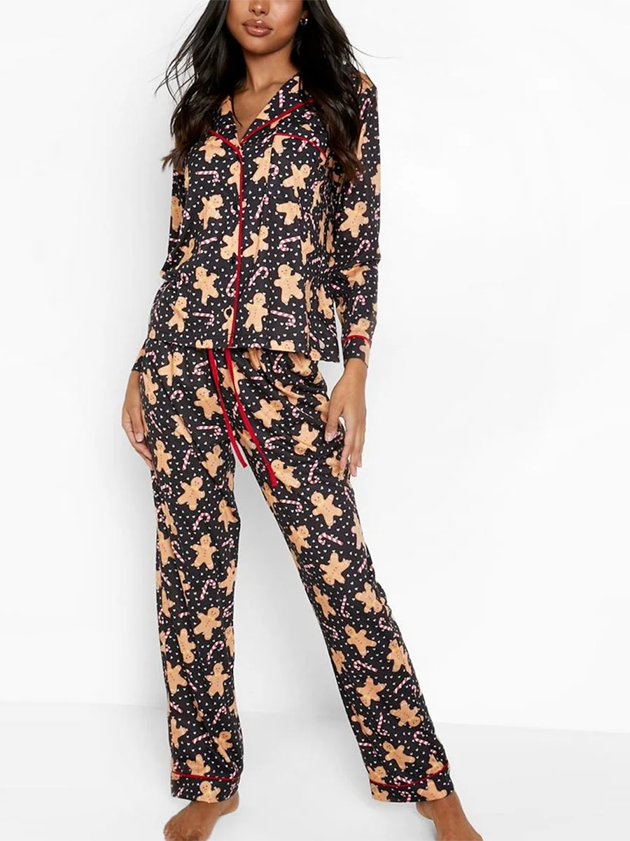 Womens Christmas Print Pajamas Set Long Sleeve Turn-down Collar Tops and Pants Loungewear Set