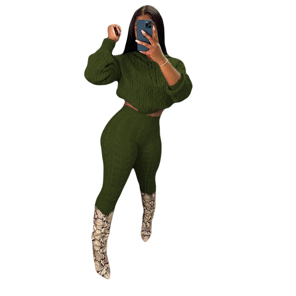 Maxy Fall Winter Women Knit Sweater Matching Sets Skinny Hoodies and Pants Clothing Casual Loungewear 2 Two Piece Outfits