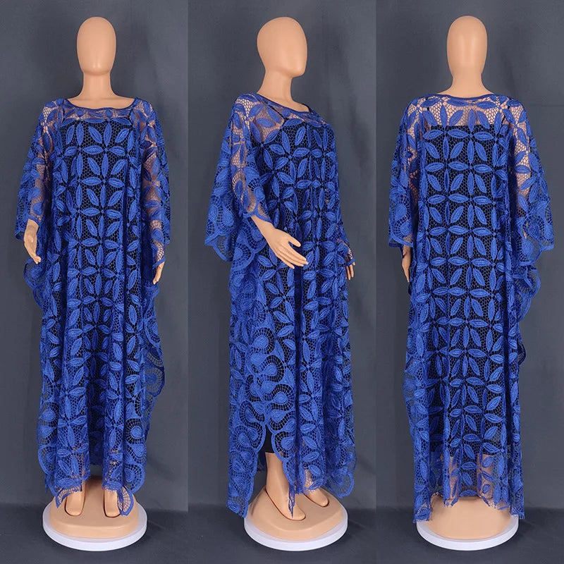 Summer Elegant African Women O-neck Pink Yellow Blue Plus Size Long Dress Lace African Robes Abaya African Dresses for Women