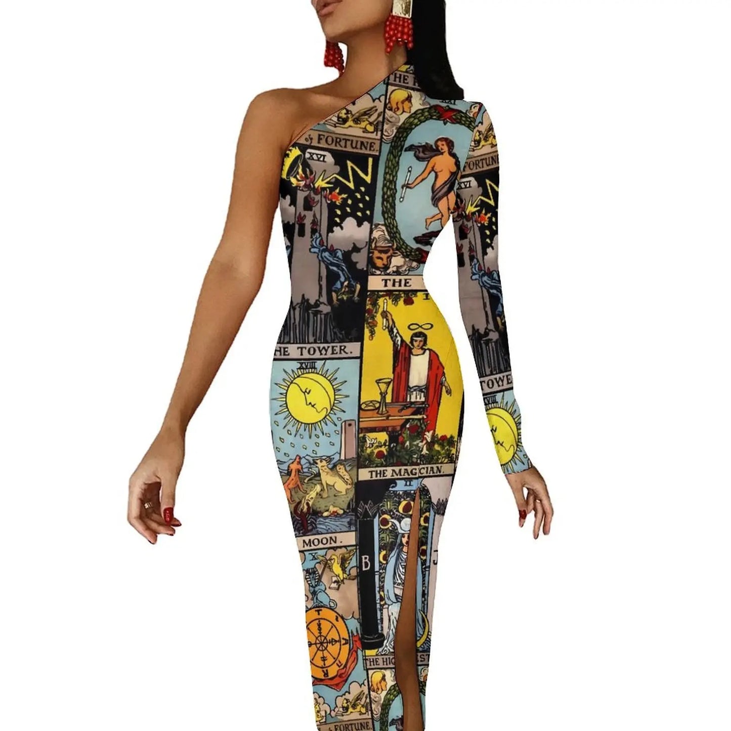 Maxy Gold And Black Tarot Bodycon Dress Women's Major Arcana Night Club Maxy Dress Long Sleeve Party Custom Dresses Birthday Present