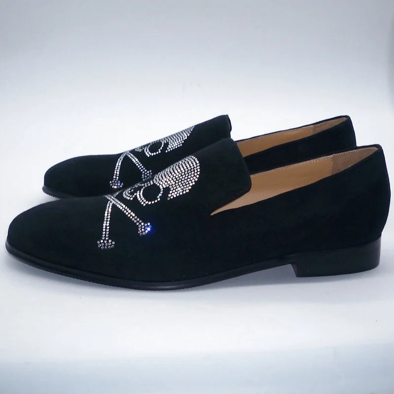 Visco Luxury Man Black Suede Shoes Skull Pattern Rhinestone Loafers For Men Handmade Crystal Shoes Mens Leather Casual Shoes