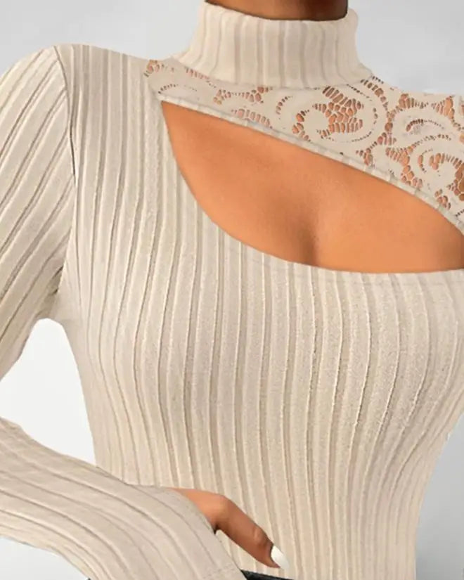 Amay Hollow Lace Patch Standing Collar Ribbed Top Casual New Fashion 2023 Best-Selling Women's Long Sleeves