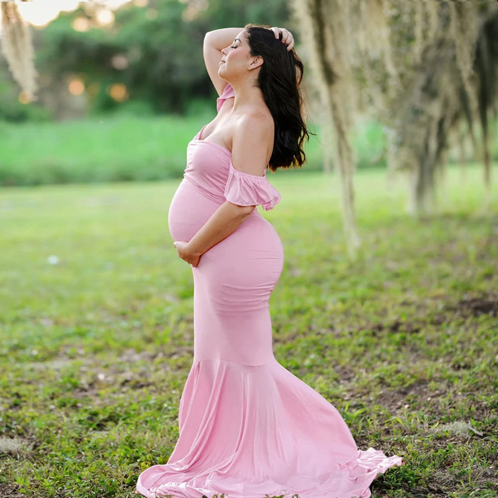 Maxy Maternity Dress Photography Tube Top Ruffle Sleeve Slim Fishtail Bridesmaid Wedding Maxy Gown Pregnant Baby Shower Robe